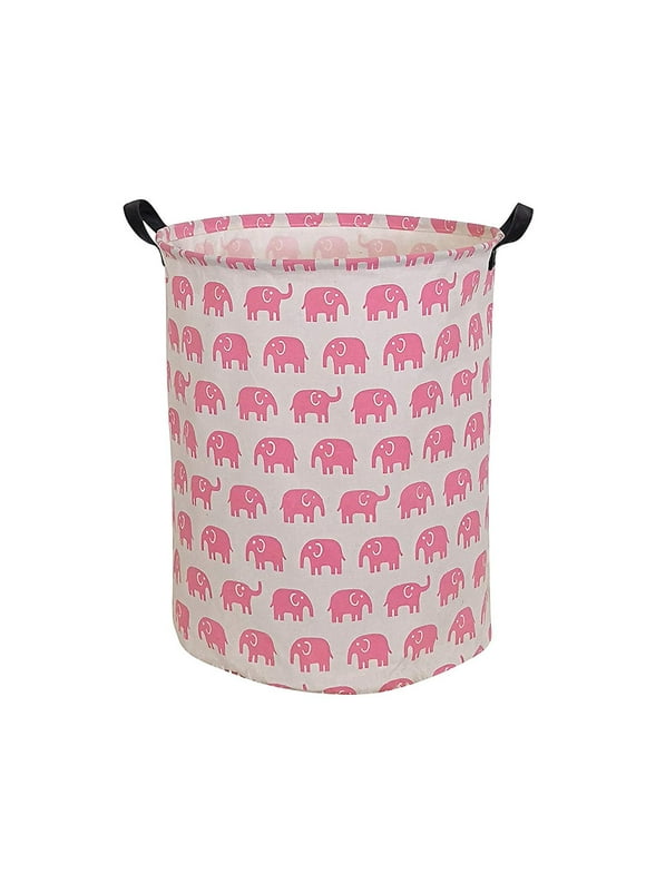 Hiyagon Canvas Laundry Basket with Handles, Baby Laundry Basket for Nursery Girl and Boy, Kids Clothes Hamper with Lid, Toys Storage Bin Organizer Animal Room Decor, Pink Elephant