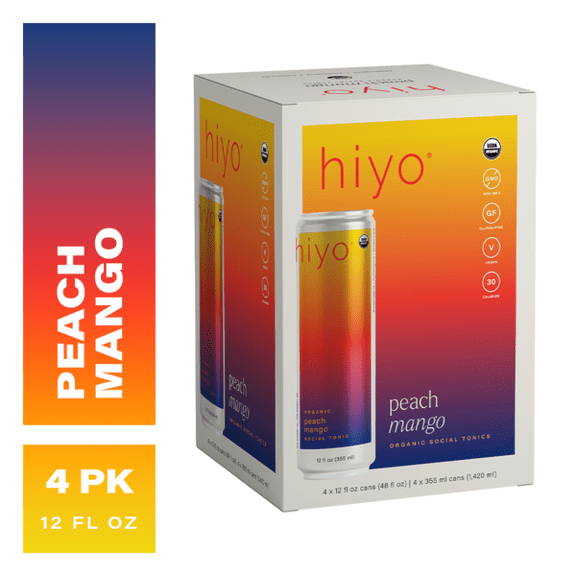 Hiyo Peach Mango Organic Social Tonic  12 fl oz, 4 Pack  Refreshing Non-Alcoholic Sparkling Beverage