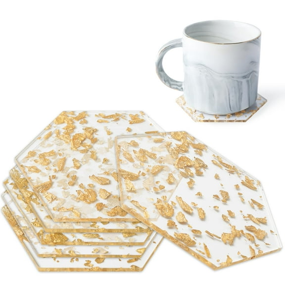 Hizgo Acrylic gold Foil Coaster For Drinks,6 Pcs Drinks Decorative Coaster For Table,Tabletop Protection For Mugs, Coffee Mugs(Hexagon Gold Foil)