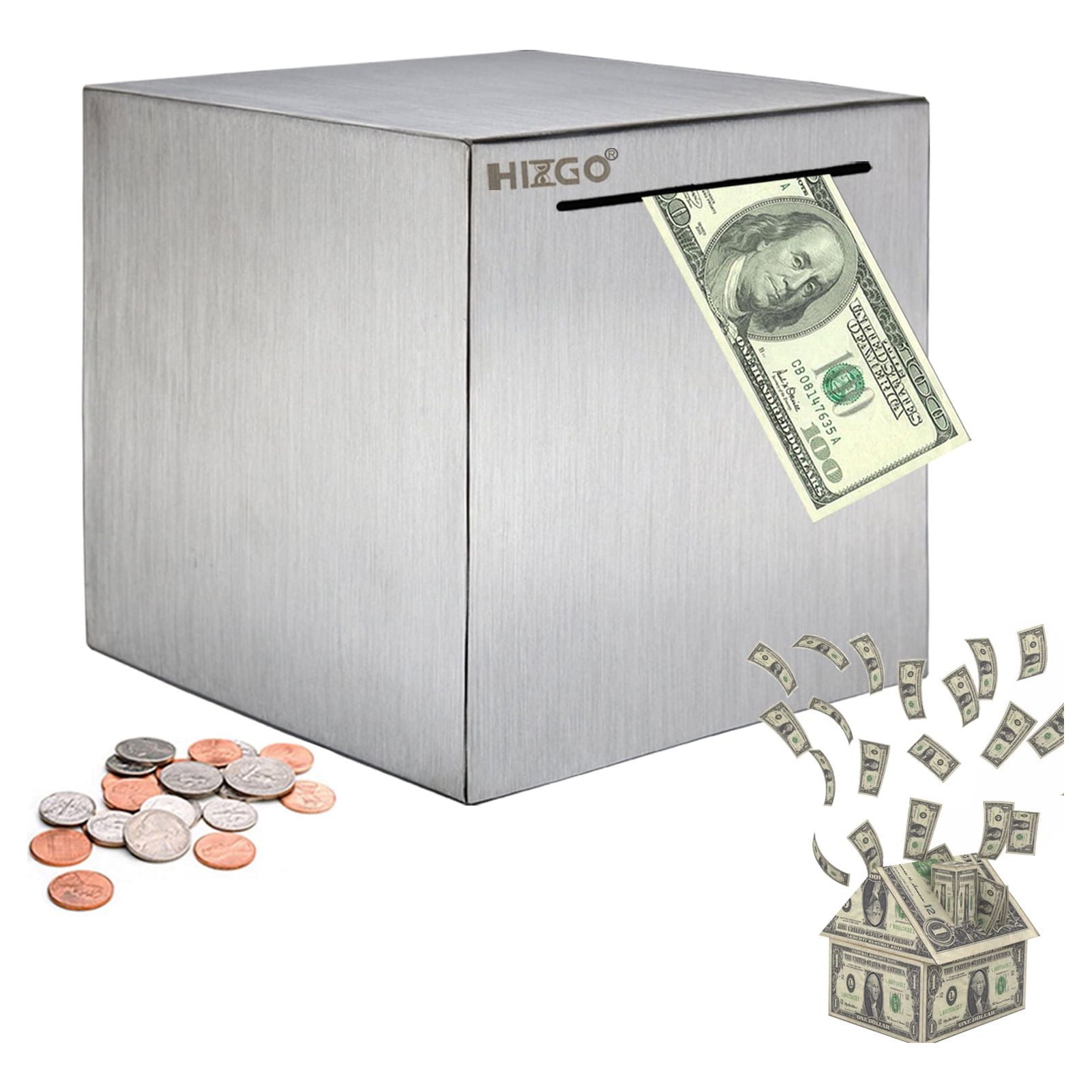 Hizgo Piggy Bank for Adults Stainless Steel Saver Box to Help Budget and Save Must Break to Access Money4.72 inch Silver