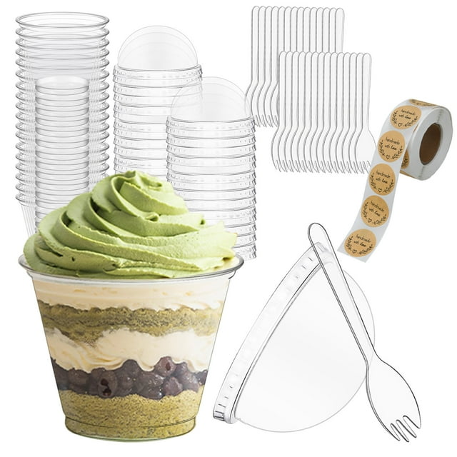 Hiziwimi 100Pack 7oz Clear Dessert Cups with Lids and Spoons, 100Pack