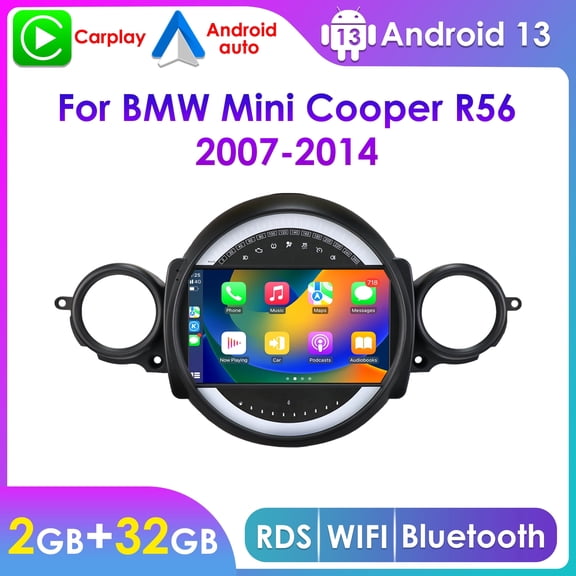 Hizpo Android Auto Apple CarPlay Car Stereo Radio For BMW Mini Cooper R56 2007 2008 2009 2010 2011 2012 2013 2014 Bluetooth 2+32GB WiFi AUX Head Unit Multimedia GPS Navigation Player In Dash
