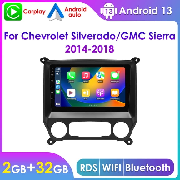 Hizpo Bluetooth Android 13 Apple CarPlay 2+32GB WiFi AUX Car Stereo Radio Head Unit Multimedia GPS Navigation Player In Dash For Chevrolet Chevy Silverado/ GMC Sierra 2014 2015 2016 2017 2018