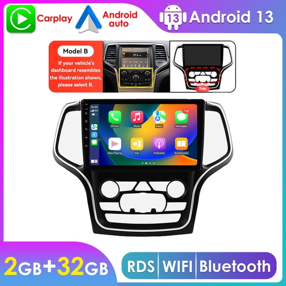 Hizpo Car Stereo Radio For Jeep Grand Cherokee Trackhawk WK2 2014 2015 2016 2017 2018 2019 2020 Bluetooth Android 13 Apple CarPlay 2+32GB WiFi AUX Head Unit Multimedia GPS Navigation Player In Dash