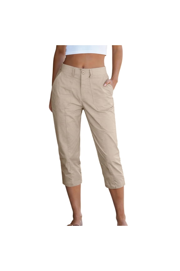 Capri Pants for Women High Waisted Elastic Waist Capris Pants Casual Cropped Chino Trousers with Pockets