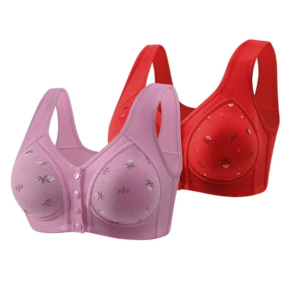 Hjlmsx Daisy Bras for Old Women Comfort No Underwire Full Coverage Bras Front Closure Support Bras Push Up Cotton Bras 2 Pack