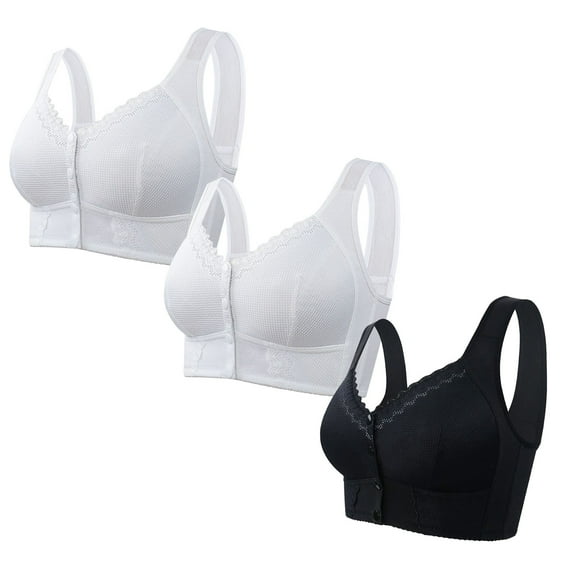 Hjlmsx Daisy Bras for Older Women Comfy Front Closure Button Breathable Bras Plus Size No Underwire Push Up Bra for Seniors 3 Pack