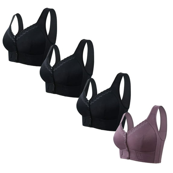 Hjlmsx Daisy Bras for Older Women Comfy Front Closure Button Breathable Bras Plus Size No Underwire Push Up Bra for Seniors 4 Pack