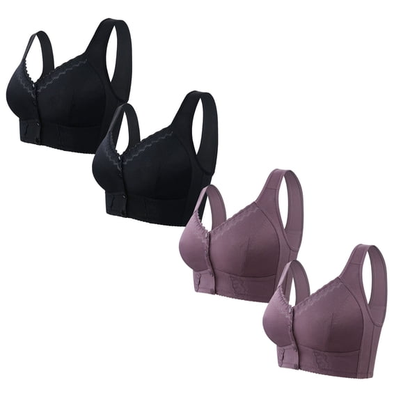 Hjlmsx Daisy Bras for Older Women Comfy Front Closure Button Breathable Bras Plus Size No Underwire Push Up Bra for Seniors 4 Pack