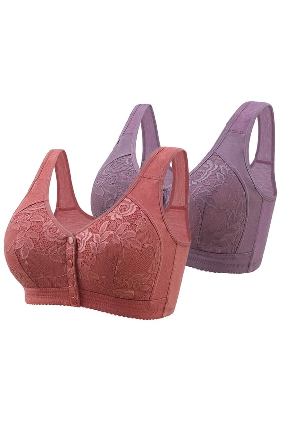 Daisy Bras for Older Women Full Coverage Front Closure Bra Comfortable No Underwire Plus Size Bra 2 Pack