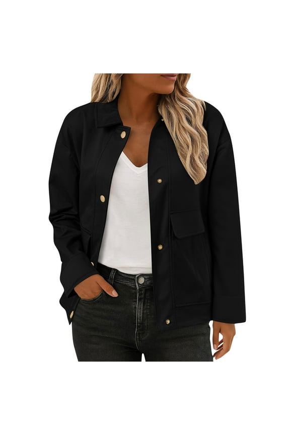 Jackets for Women Fall Fashion Lightweight Coat Lapel Button Down Cropped Shackets Jacket with Pockets Black XXL