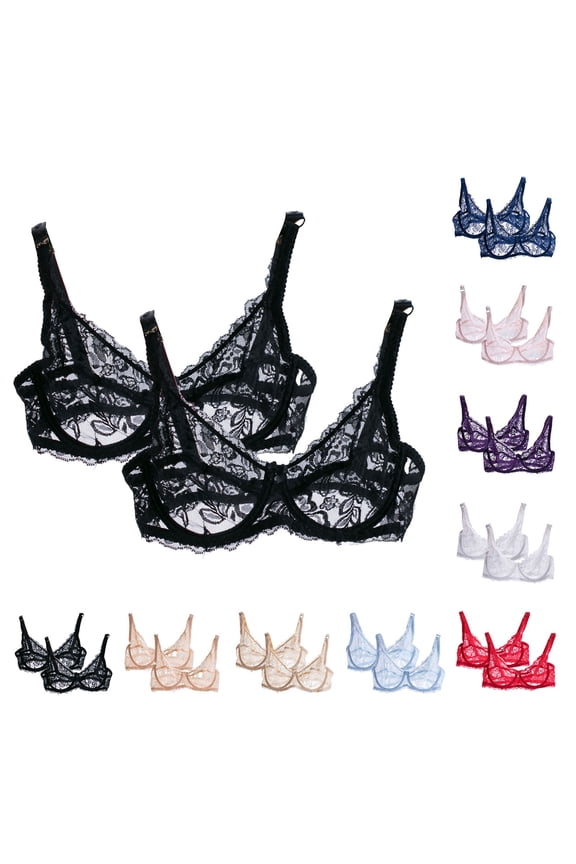 Lace Bras for Women Lace Underwire Push Up Lace Embroidery Minimizer Bras Sexy Everyday Bras See Through Underwire Demi Sheer Mesh Bralette 2 Pack