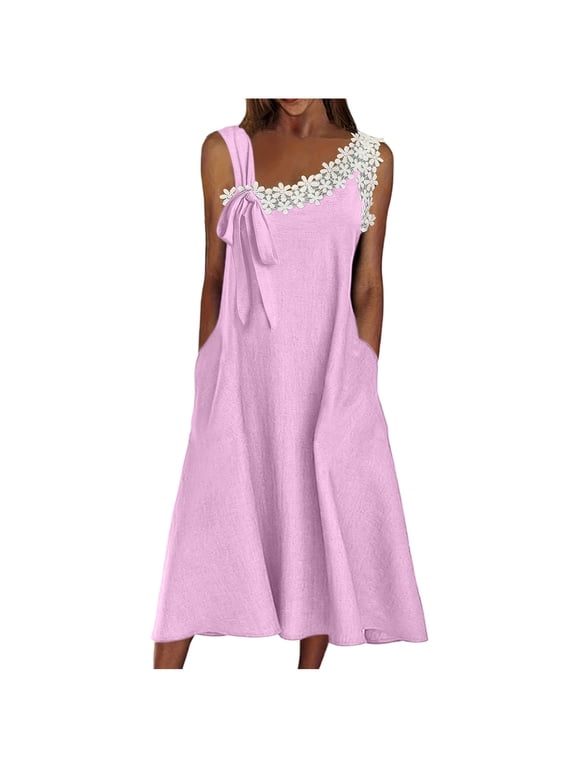Linen Dress for Women Loose Fit Lace Floral Trim Midi Beach Dress Summer Plus Size Sleeveless Vacation Sun Dresses with Pockets