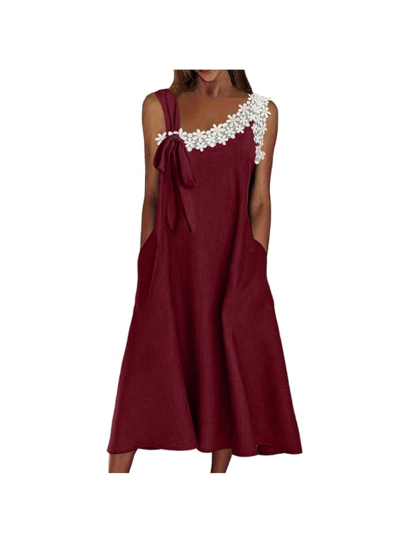 Linen Dress for Women Loose Fit Lace Floral Trim Midi Beach Dress Summer Plus Size Sleeveless Vacation Sun Dresses with Pockets