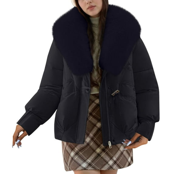 Hjlmsx Puffer Jacket Womens Plus Size Zip up Faux Fur Collar Padded Coat Long Sleeve Thermal Outwear Quilted Down Coat with Pockets Black M