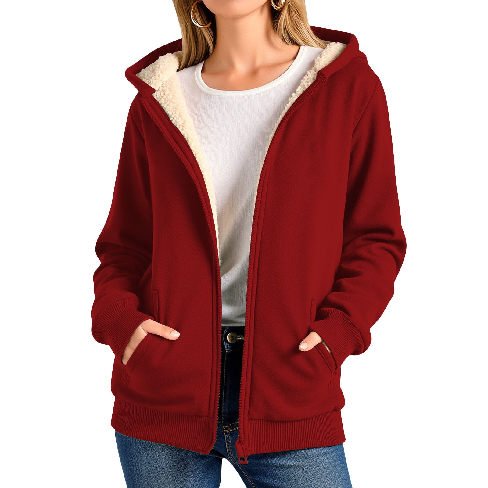 Hjlmsx Sherpa Fleece Lined Jacket Women Thick Fleece Drawstring Full ...