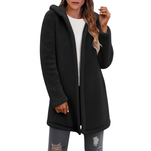 Hjlmsx Winter Coats for Women Shearling Fleece Zip Up Hooded Jackets Casual Open Front Sherpa Coat Outwear with Pockets Black L