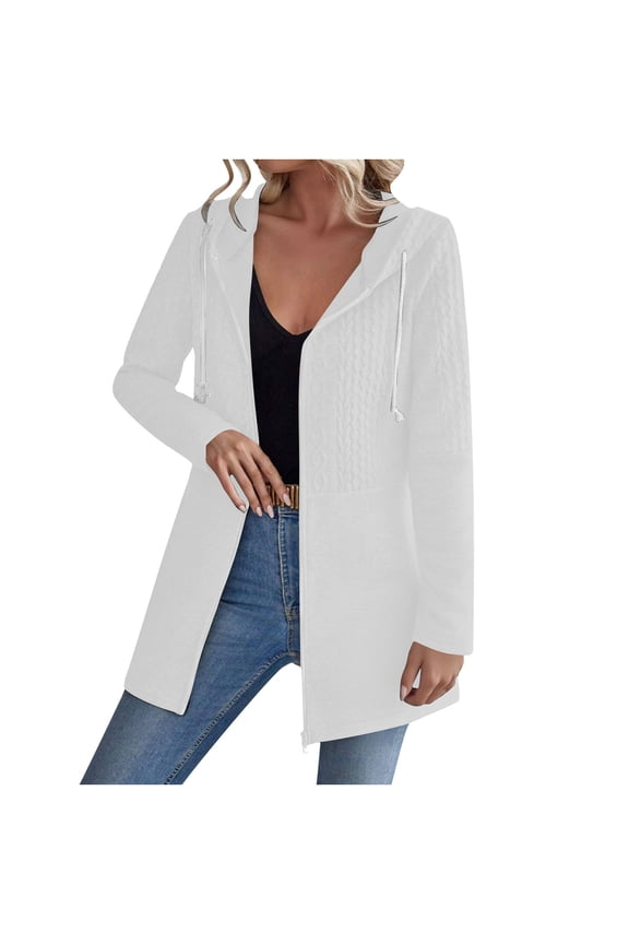 Women's Cable Knitted Zip Up Jackets Long Sleeve Drawstring Hoodies Jackets Fall Winter CoatsWarm Outerwear White L