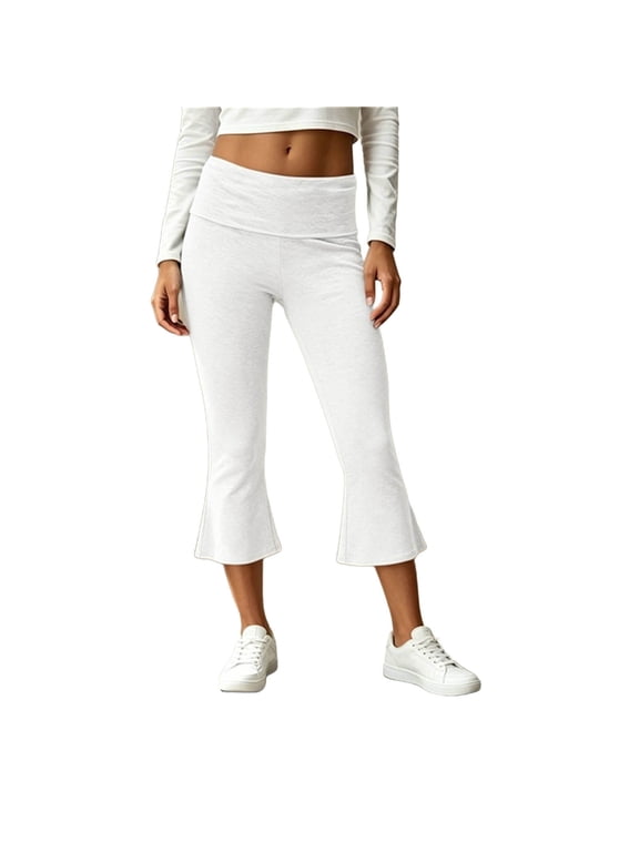 Women's Cropped Flare Pants Fold Over Waist Bootcut Yoga Pants Stretchy Slim Fit Casual Lounge Capris Trousers
