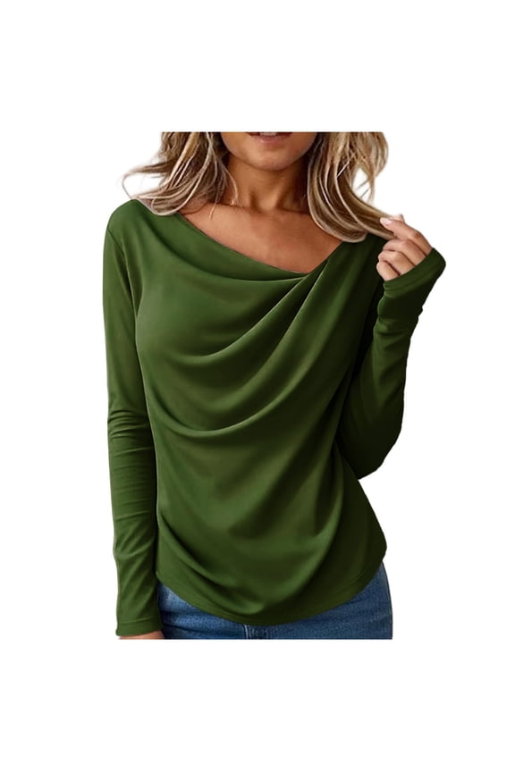 Women's Elegant Cowl Neck Tops Long Sleeve Ruched Y2k Shirts Dressy Spring Casual Work Office Blouses