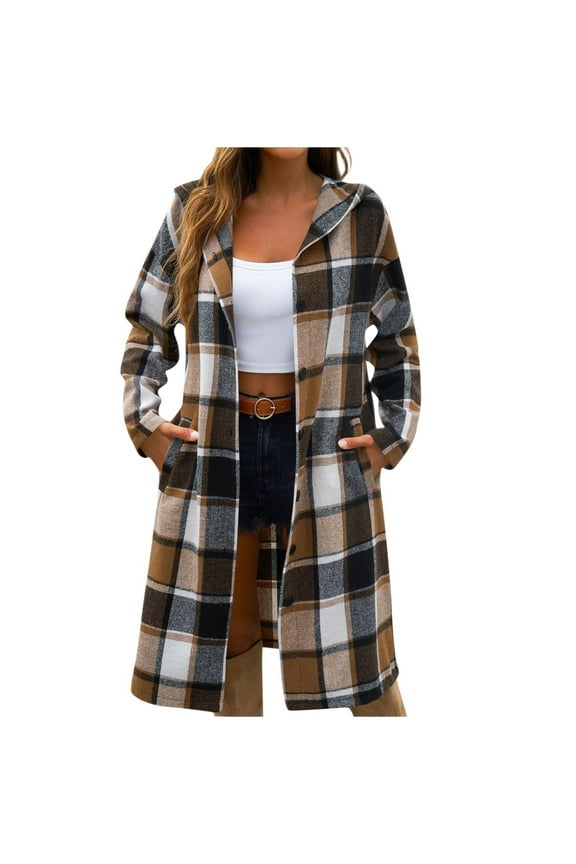 Women's Fall Winter Flannel Plaid Shacket Jacket Oversized Long Sleeve Button Down Wool Pea Coat Hooded Trench Coats with Pockets Brown M