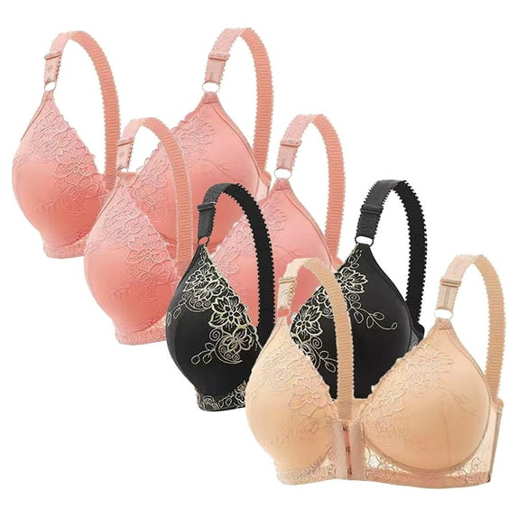 Hjlmsx Women's Front Closure Bra Lace Embroidery No Underwire Bra Full Coverage Push Up Bralette Support Everyday Bra 4 Pack