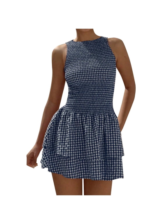 Women's Gingham Mini Dress Cute Tiered Ruffle Hem Smocked Plaid A Line Vacation Short Tank Dresses