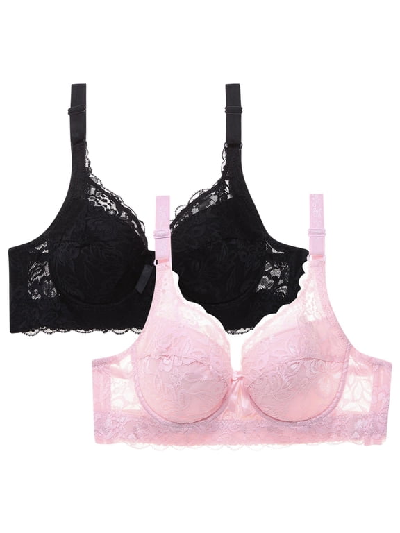 Women's Lace Bra Non Padded Underwire Unlined Bra Full Coverage Plus Size Lace Bralette 2 Packs