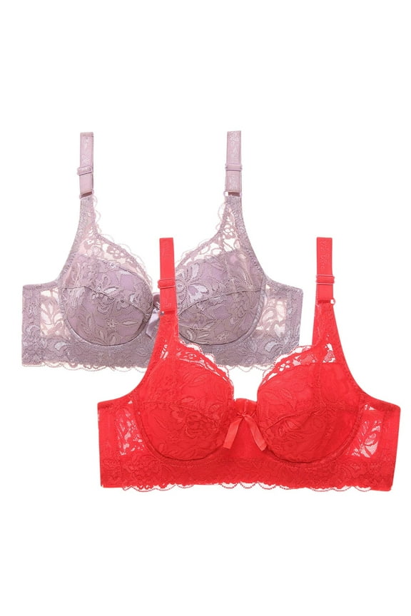 Women's Lace Bra Non Padded Underwire Unlined Bra Full Coverage Plus Size Lace Bralette 2 Packs