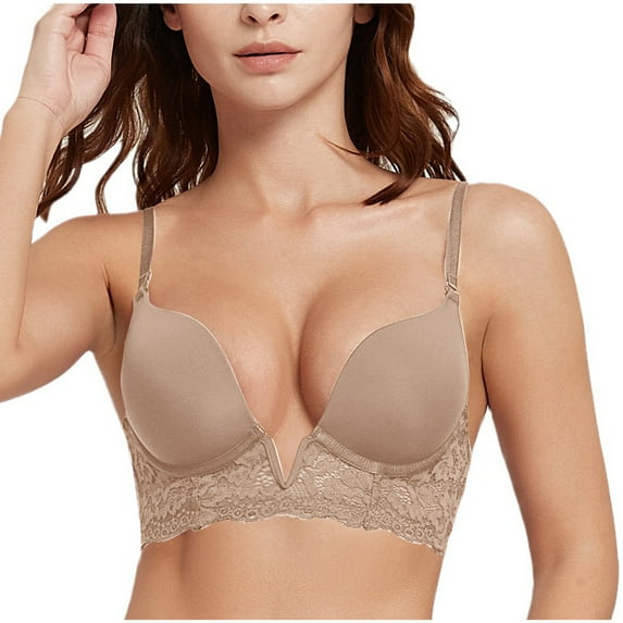 Hjlmsx Women's Plunge Deep V Push Up Bras Longline Underwear Lace Underwire Padded Bralette Lift T Shirts Smooth Bras