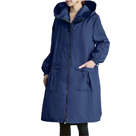 Hjlmsx Women's Plus Size Long Raincoat Waterproof Oversized Hooded Rain Jacket Lightweight Trench Coats Windbreaker with Pockets Navy Blue XL