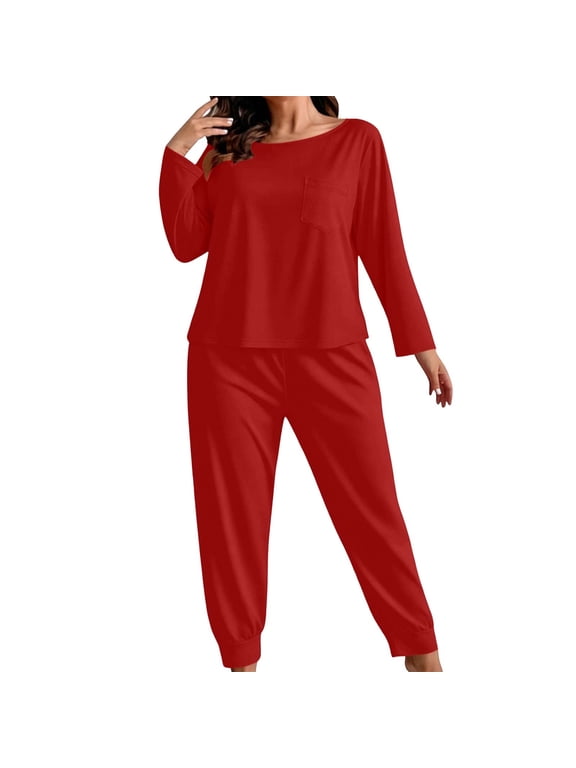 Women's Plus Size Pajamas Sets Crew Neck Long Sleeve Tops with Chest Pocket Cuffed Jogger Pants Casual Home Wear 2 Piece Pjs Sleepwear Loungewear