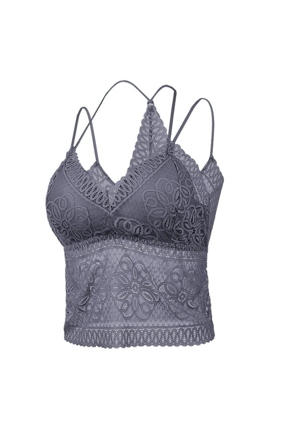 Women's Sexy Lace Bralette Comfortable Spaghetti Strape Bras Long Line Push Up Bras No Underwire Everyday Bralette with Cross Back Z-Gray L
