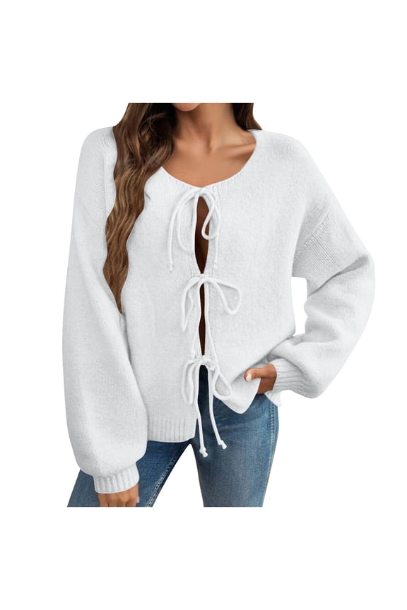 Women's Tie Front Bow Cardigan Sweaters Chunky Knit Long Puff Sleeve Trendy Fall Winter Jacket Coats White M