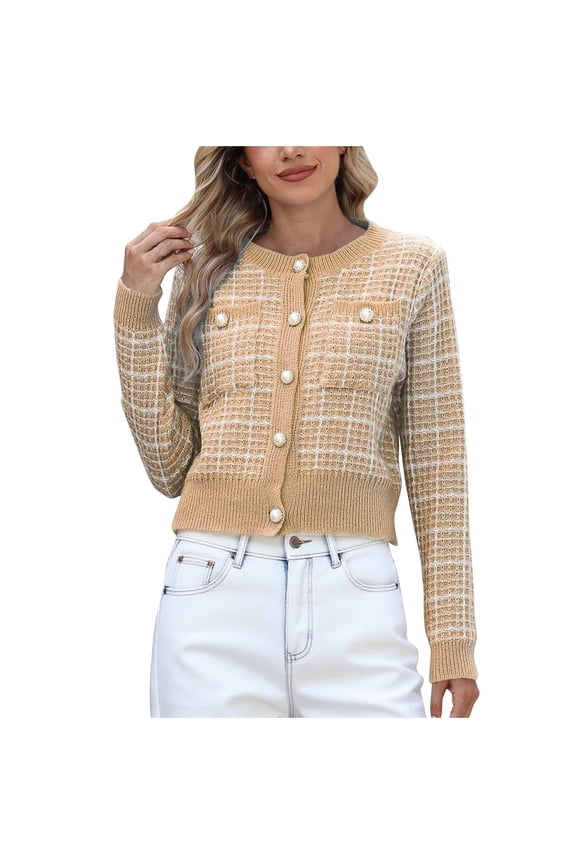 Women's Tweed Plaid Sweaters Blazer Dressy Casual Button Down Open Front Cardigan Crew Neck Long Sleeve Texture Knit Jackets with Pockets Khaki S