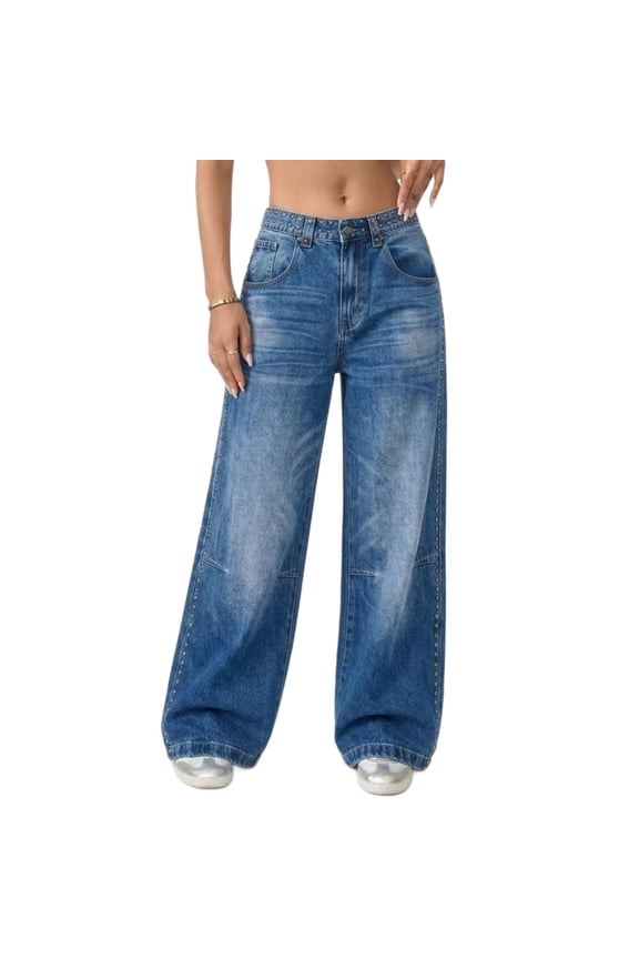 Womens Baggy Jeans High Waist Decorative Rivet Wide Leg Jeans Casual Loose Vintage Denim Pants Streetwear with Pockets