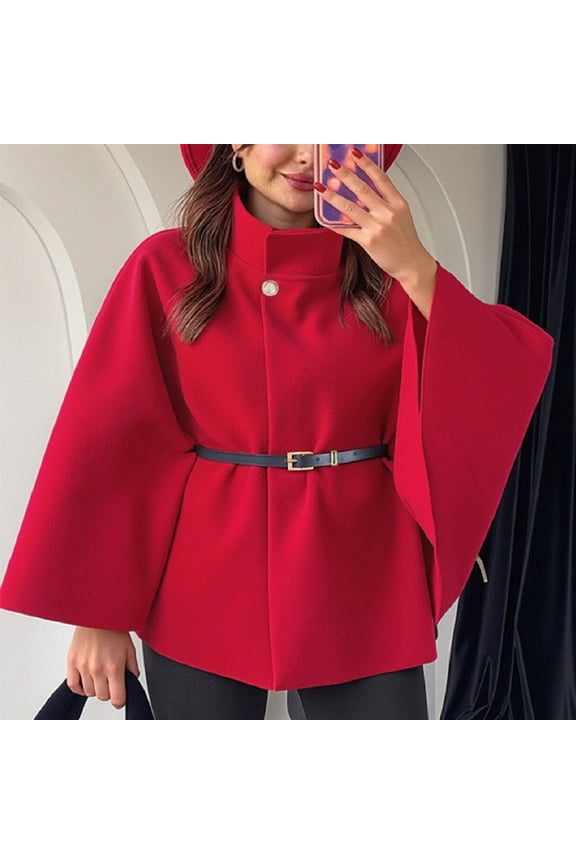 Womens Batwing Sleeve Poncho Pea Coats Oversized Belted Trendy Casual Stand Collar Cloak Cape Coats Red L