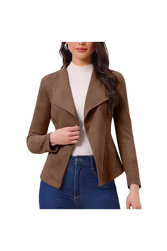 Womens Faux Suede Jacket Lapel Draped Open Front Cardigan Casual Trendy Suede Blazer Cropped Coats Brown S