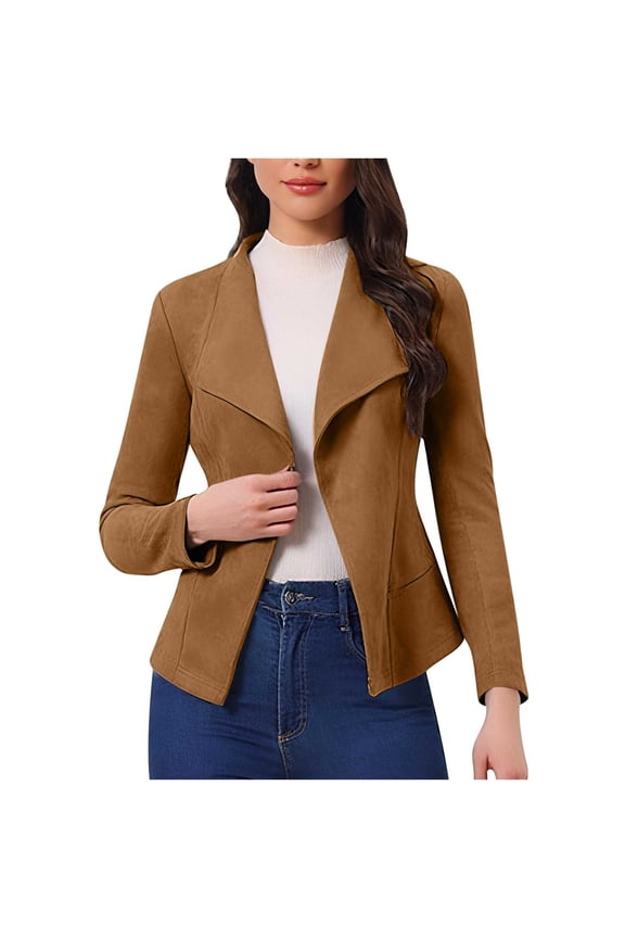 Womens Faux Suede Jacket Lapel Draped Open Front Cardigan Casual Trendy Suede Blazer Cropped Coats Khaki XXL
