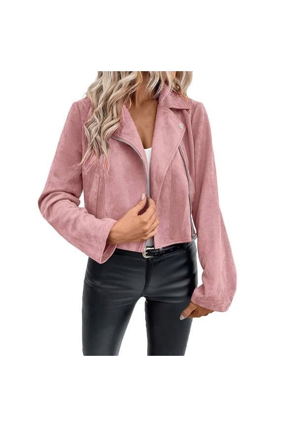 Womens Faux Suede Jackets Cropped Zipper Biker Moto Jacket Casual Notched Lapel Open Front Retro Coats Fall Fashion Clothes Pink XXL