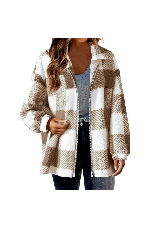Womens Fleece Zip Up Jacket Long Sleeve Plaid Sherpa Shacket Plus Size Lightweight Warm Fuzzy Fall Winter Coats Brown L