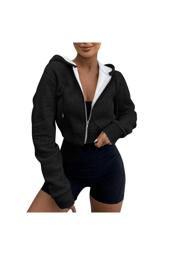 Womens Full Zip Up Cropped Hoodies Long Sleeve Sweatshirts Jackets Casual Fall Winter Coats Clothes Black M