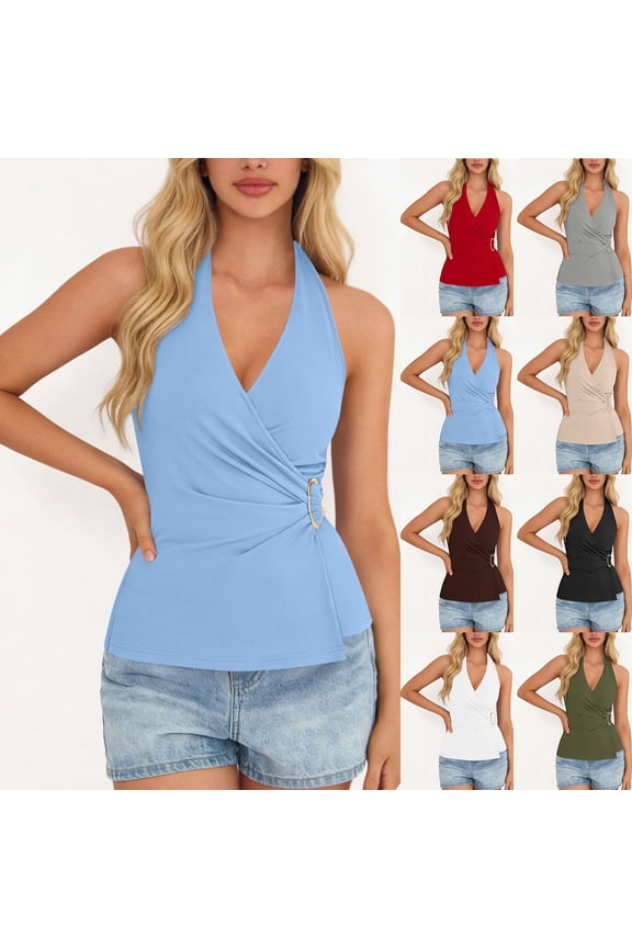 Womens Halter Top Spring Tie Wrap Sleeveless Ruched V Neck Fitted Summer Tops Backless Fashion Y2k Clothes