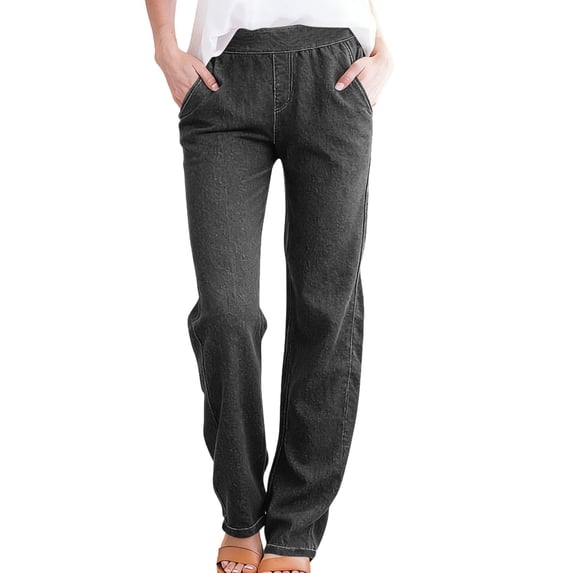 Hjlmsx Womens Jeans Pants Drawstring Elastic High Waist Denim Pants Casual Summer Straight Leg Trousers with Pockets