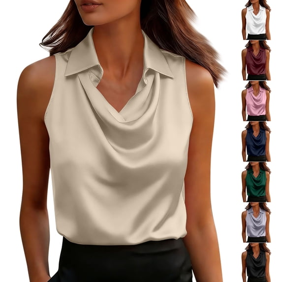 Hjlmsx Womens Satin Cowl Neck Tank Tops Elegant Lapel Sleeveless Blouse Dressy Business Casual Office Work Shirts