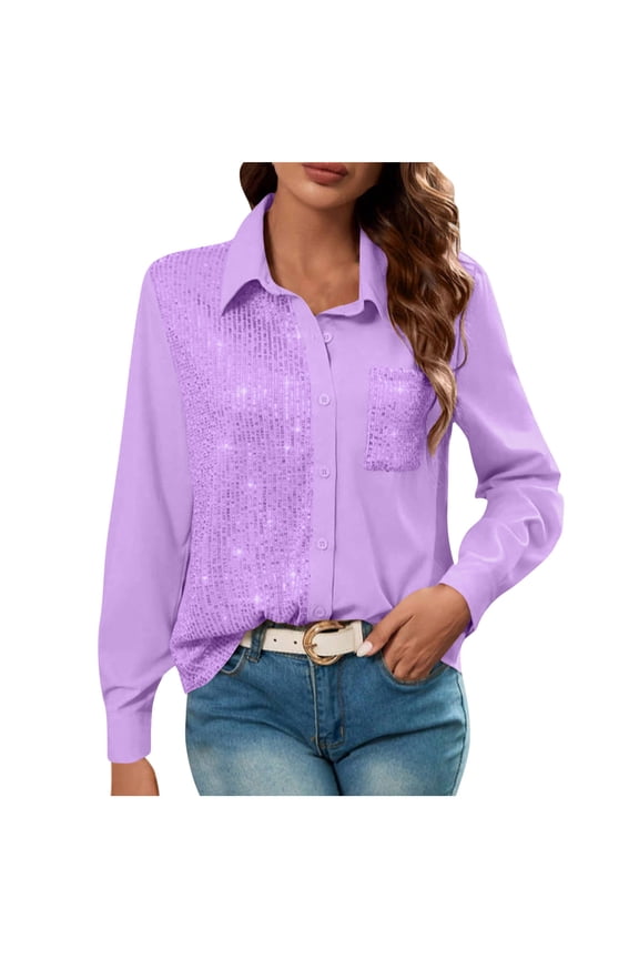 Womens Sequins Long Sleeve Button Down Shirts Lapel Collar Glitter Sparkle Blouses Dressy Casual Tunic Tops with Pocket