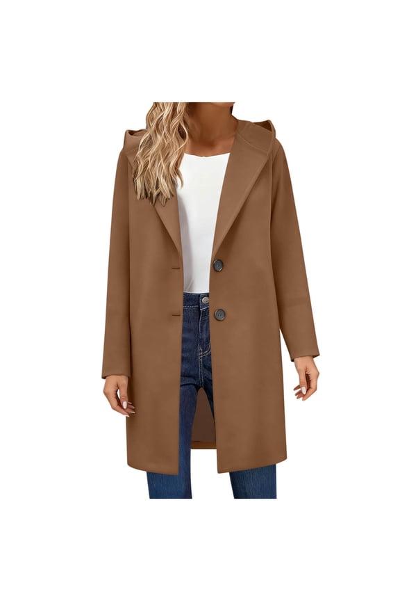 Womens Trench Coat with Hood Wool Blend Single Breasted Pea Coats Winter Fashion Casual Mid Long Overcoat Outerwear Coffee L