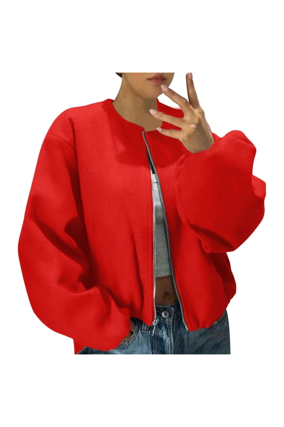 Womens Wool Blend Bomber Jackets Fall Winter Cropped Zip Up Coat Hoodless Outwear with Pockets Red XL