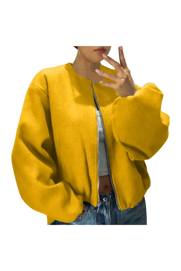 Womens Wool Blend Bomber Jackets Fall Winter Cropped Zip Up Coat Hoodless Outwear with Pockets Yellow S