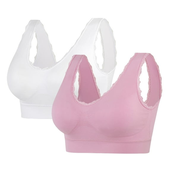 Hjlmsx Workout Bras for Women Seamless Stretchy Sport Yoga Lace Trim Padded Bralette No Underwire Soft Plus Size Full Coverage Bras Underwear 2 Pack